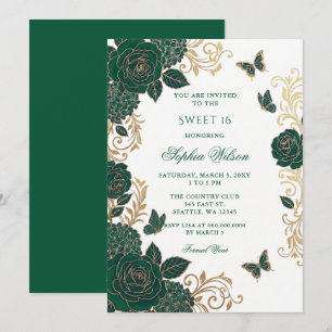 Smaragd-Gold-Blumen-Schmetterling Sweet 16 Einladung