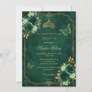 Smaragd-Gold-Blumen-Schmetterling Sweet 16 Einladung
