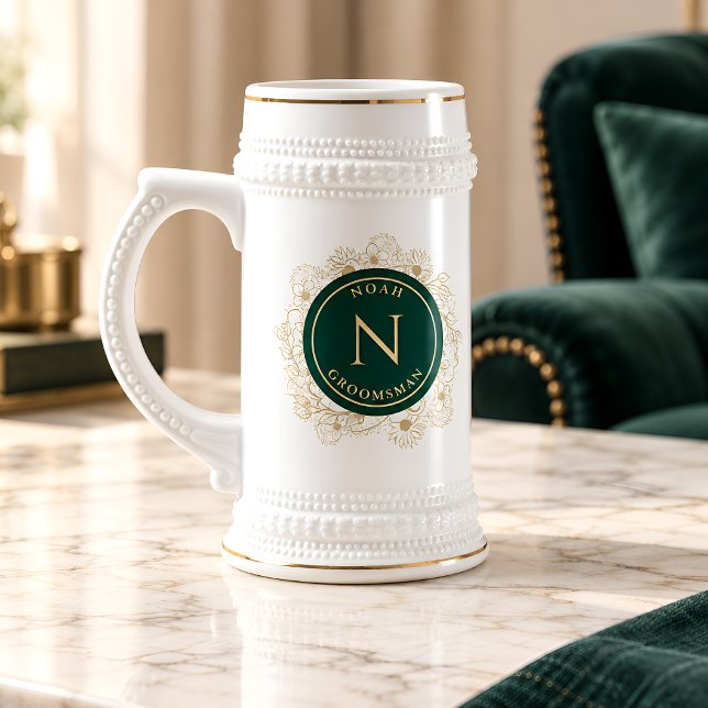Smaragd-Gold-Blumenmonogramm-Geschenk für den Trau Bierglas (Von Creator hochgeladen)