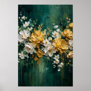 Smaragd-Gold-Garten - Weiße und goldene Blumen Poster