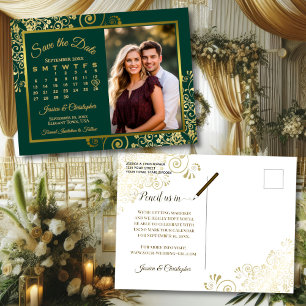 Smaragd- & Gold-Hochzeitstermin-Kalender-Foto Ankündigungspostkarte