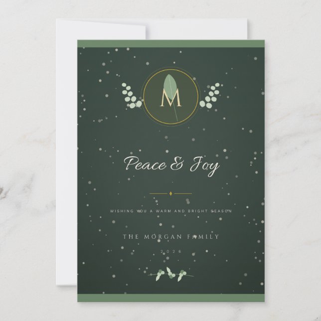 Smaragd-Gold-Lorbeer-Monogramm-Weihnachtskarte (Vorderseite)