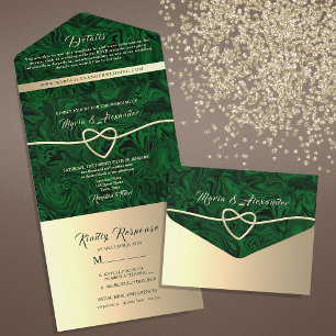 Smaragd-Gold-Marmor-Hochzeit All In One Einladung