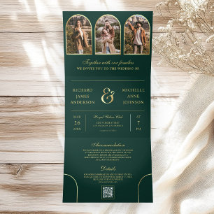 Smaragd-Gold-Minimalbogen-Foto-QR-Code-Hochzeit Dreifach Gefaltete Einladung