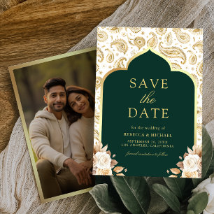 Smaragd-Gold-Paisley-Blumen-Indische-Hochzeitsfoto Save The Date