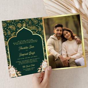 Smaragd-Gold-Paisley-Blumen-QR-Code-indische-Hochz Einladung