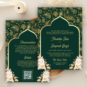Smaragd-Gold Paisley-Blumen QR-Code Indische Hochz Einladung