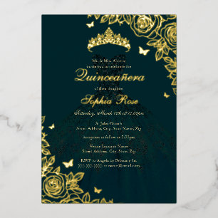 Smaragd-Gold-Rosen-Kleid Quinceanera Folieneinladung