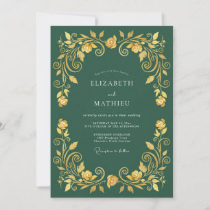 Smaragd-Goldene Blütenromanze-Hochzeit Einladung