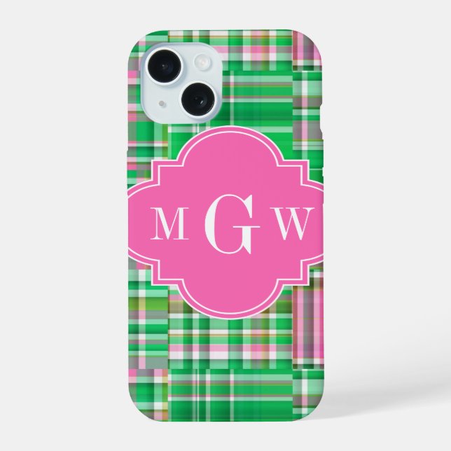 Smaragd Heiß Rosa Preppy Patchwork Madras Monogram iPhone 15 Hülle (Rückseite)