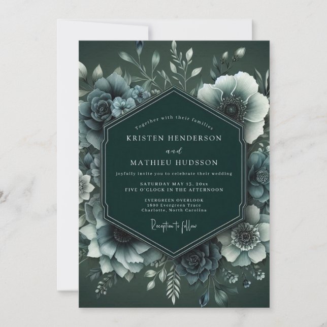 Smaragd-Hochzeit mit Anemonen im Moody-Stil Einladung (Vorderseite)