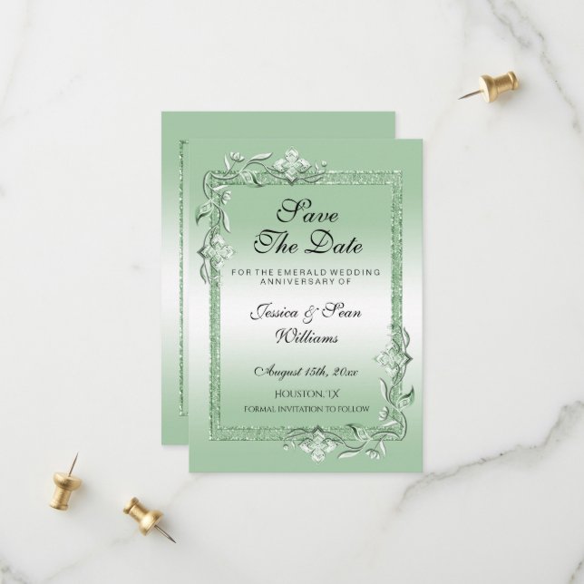 Smaragd-Juwel & Glitter 55. Hochzeit Save The Date (Vorderseite/Rückseite Beispiel)