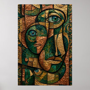 Smaragd-Kupfer-Gold-Kubistische Dreifach-Gesichter Poster