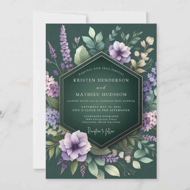 Smaragd-Lavendel-Flora-Hochzeit Einladung (Vorderseite)