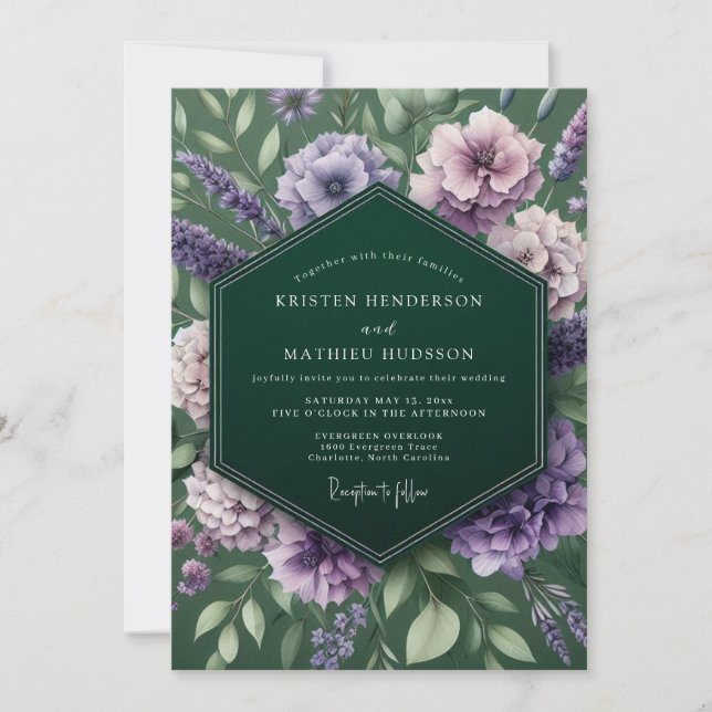 Smaragd-Lavendel Moody-Hochzeit Einladung (Vorderseite)