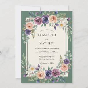 Smaragd-Mauve-Blüten-Hochzeit Einladung
