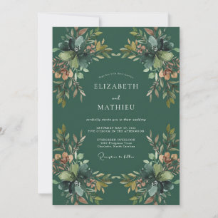 Smaragd-Ocker-Laub-Eukalyptus-Hochzeit Einladung