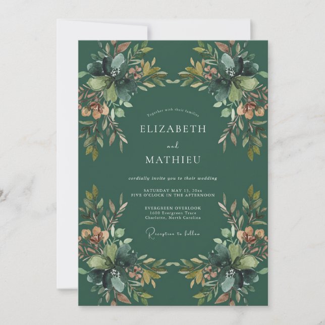Smaragd-Ocker-Laub-Eukalyptus-Hochzeit Einladung (Vorderseite)