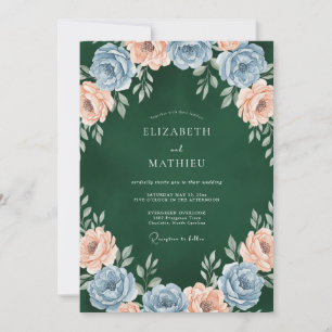 Smaragd-Pfirsich-Blau-Blumen-Aquarell-Hochzeit Einladung