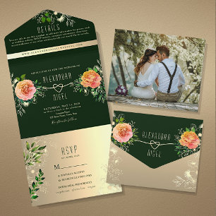 Smaragd Pfirsich Rose Florale Hochzeit All In One Einladung
