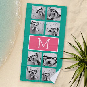 Smaragd & Pink Instagram 8 Foto Collage Monogramm Strandtuch