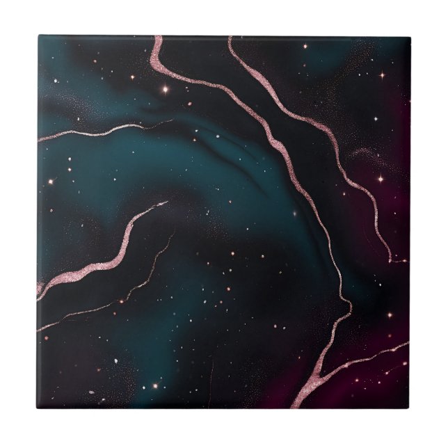 Smaragd-Roségold-Galaxie-Marmor-Muster Fliese (Vorderseite)