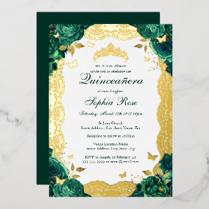 Smaragd-Rosen-Spitzen-Quinceanera-Geburtstag  Folieneinladung
