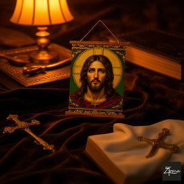 Smaragd-Sakralikone - Jesus Wandteppich Mit Holzrahmen