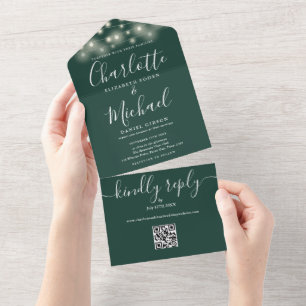 Smaragd-Schminkleuchten-QR-Code-Monogramm-Hochzeit All In One Einladung