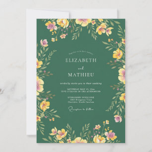 Smaragd-Stoffmalerei-Wildblumen-Hochzeit Einladung