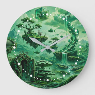Smaragd-Träume Surrealistische Landschaft Grüntöne Große Wanduhr
