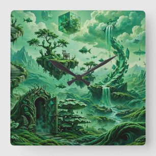 Smaragd-Träume Surrealistische Landschaft Grüntöne Quadratische Wanduhr