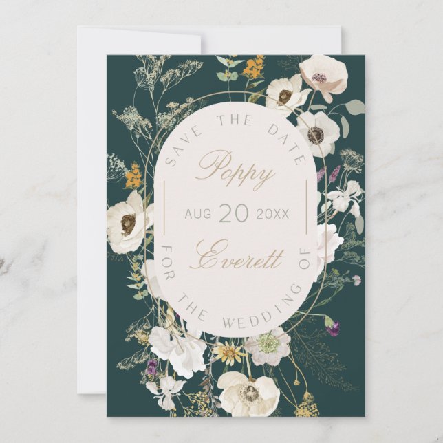 Smaragd- und cremefarbene Mohn-Blumen-Save-The-Dat Save The Date (Vorderseite)