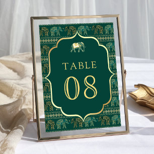 Smaragd- und Gold-Elefanten-Indische Hochzeit Tischnummer