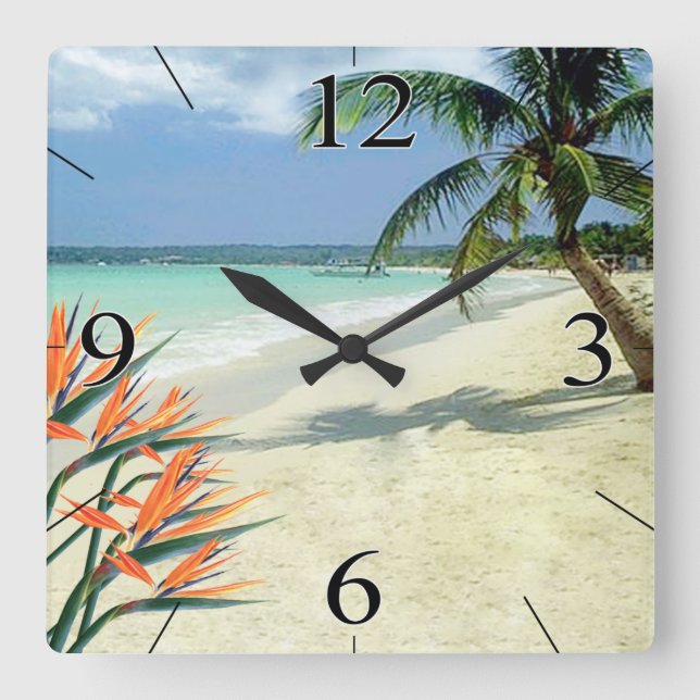 Smaragd wässert Paradiesvogel Strand Quadratische Wanduhr (Vorderseite)