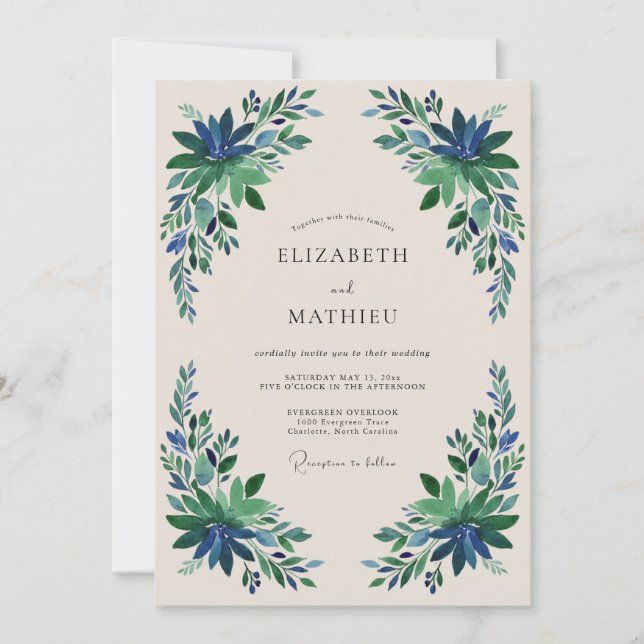 Smaragdblaue Blumenhochzeit Einladung (Vorderseite)