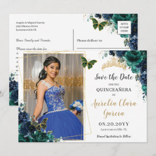 Smaragdblaue Florale Quinceañera-Bild Speichern Si Einladung