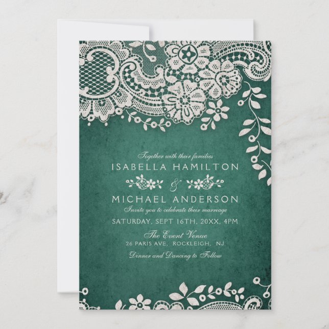 Smaragdfarbene Vintage Spitze rustikale Hochzeit Einladung (Vorderseite)