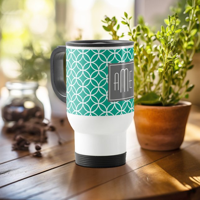 Smaragdgeometrisches Muster mit Monogrammen Reisebecher (Personalized travel mug - add photos and text or customize completely)