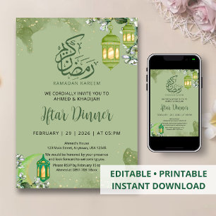 Smaragdgrün Aquarell und Gold Ramadan Iftar Einladung