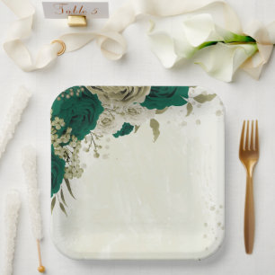 Smaragdgrün-beige-Blume Hochzeit Pappteller