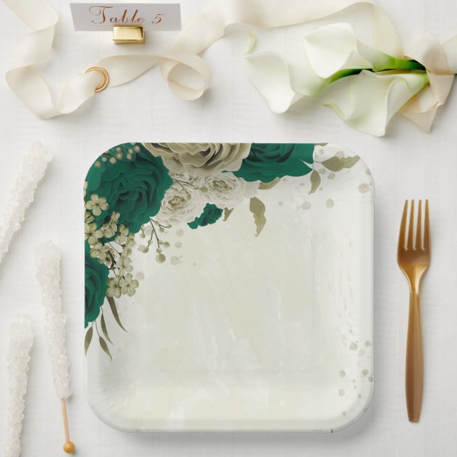 Smaragdgrün-beige-Blume Hochzeit Pappteller (Hochzeit)