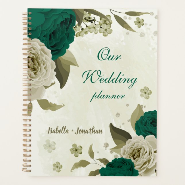 Smaragdgrün-beige-Blume Hochzeit Planer (Vorderseite)