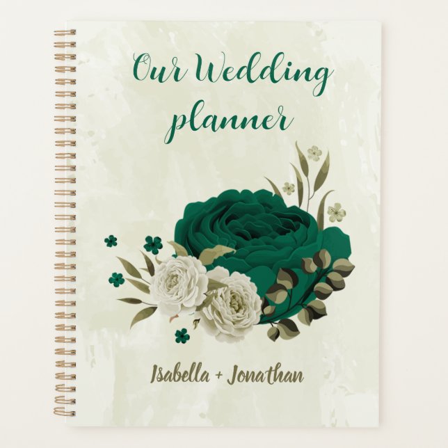 Smaragdgrün-beige-Blume Hochzeit Planer (Vorderseite)