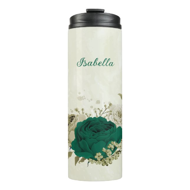 Smaragdgrün-beige-Blume Hochzeit Thermosbecher (Vorderseite)