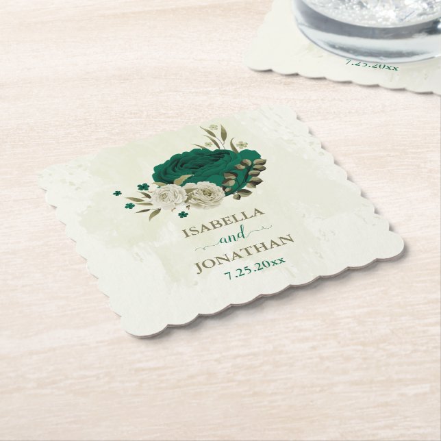 Smaragdgrün-beige-Blume Hochzeit Untersetzer (angewinkelt)