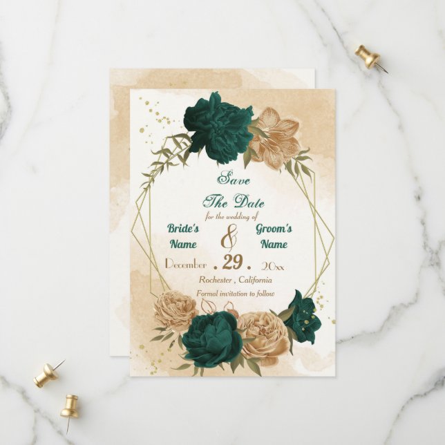 Smaragdgrün-beige-goldgelb Save The Date (Vorderseite/Rückseite Beispiel)