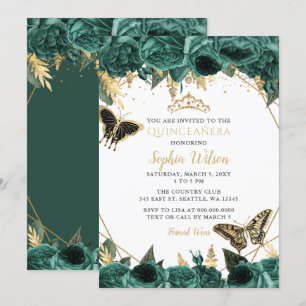 Smaragdgrün Gold Blumen Schmetterling Quinceañera Einladung