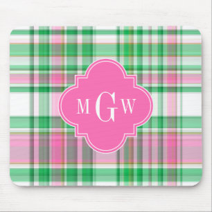 Smaragdgrün Hellrosa Weiß Preppy Madras Monogramm Mousepad