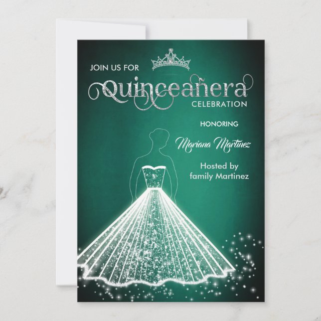 Smaragdgrün Luxus schicke Funkelkleid Quince Einladung (Vorderseite)